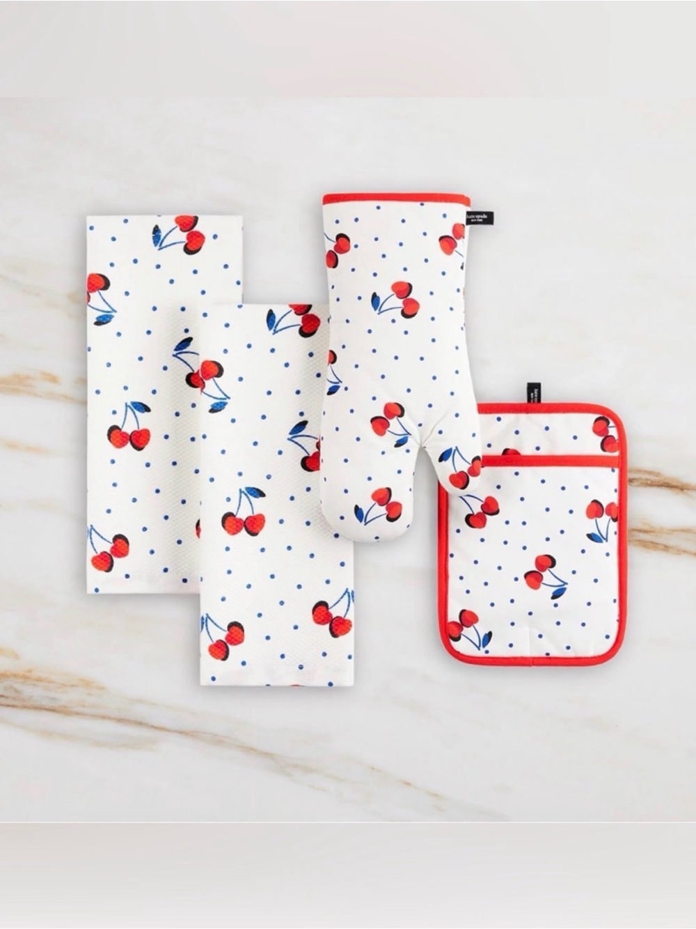 NEW 4 PK KATE SPADE CHERRY DOT KITCHEN SET, Towels, Oven Mitt & Pot Holder Set - Picture 4 of 6